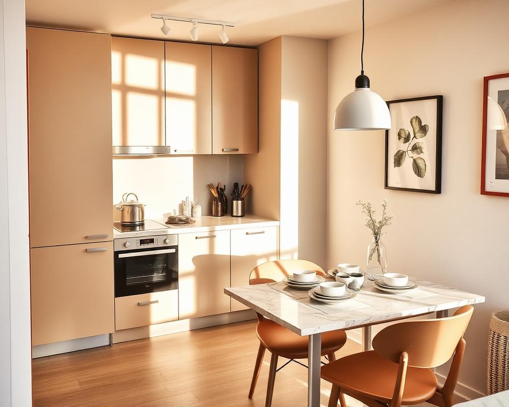 Moderne Küche mit Essbereich in einem Appartement